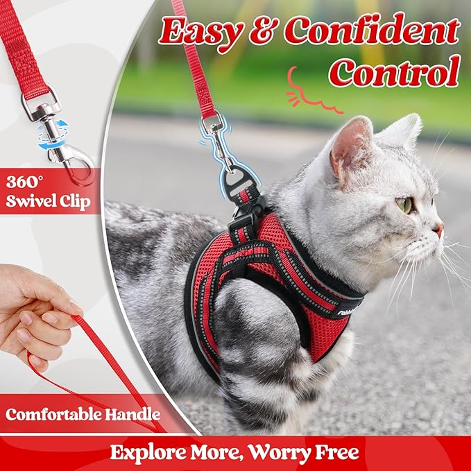 rabbitgoo Cat Harness and Leash Set for Walking Escape Proof, Adjustable Soft Kittens Vest with Reflective Strip for Cats, Comfortable Outdoor Vest, Red, S