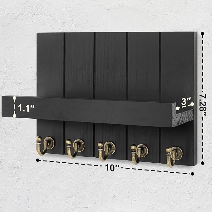 Rebee Vision Farmhouse Key Holder for Wall - Modern Key Racks for Wall Decor Living Room and Mail Organizer with Shelf for Apartment Essentials - Home Decor Aesthetic (Black, 3.54"D x 10"W x 7.28"H)