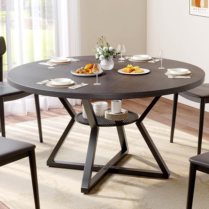 Concho 55" Round Kitchen Dining Room Table for 6-8,Circle Dining Dinner Table with Pedestal Metal Frame,Space Saving Wood Kitchen & Dining Room Furniture, Deep Grey