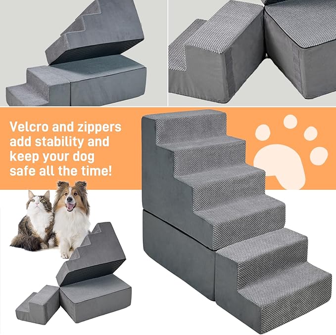 30 Inch Dog Stairs&Steps- 6 Steps for High Beds 30-36" High, Non Slip Foam Ramp for Small Dogs/Cats & Older Pets Grey