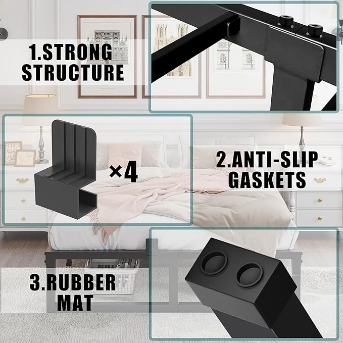 10 inch King Size Bed Frame Low Profile Metal Platform Frames with Mattress Slide Stopper,Heavy Steel Slats Support,No Box Spring Needed,Noise Free,Non-Slip,Easy Assembly