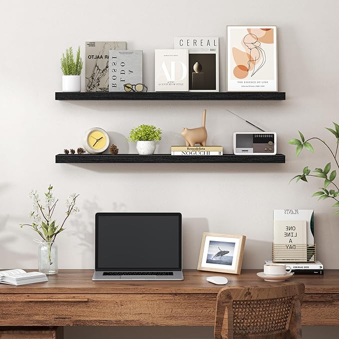 Heimlove 36 Inch Floating Shelves for Wall,Mounted Storage & Display Wood Shelves with Invisible Brackets,Hanging Shelf for Bedroom Living Room Kitchen Office,Set of 2,Black