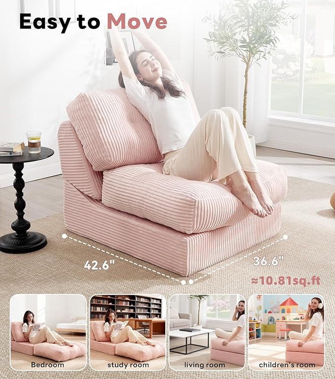 Tbfit Folding Sofa Bed, Convertible Sleeper Chair with Large Pillow, Corduroy Folding Couch Bed, Portable & Foldable Mattress Boneless Floor Sofa for Living Room, Bedroom, Office, Pink, Single