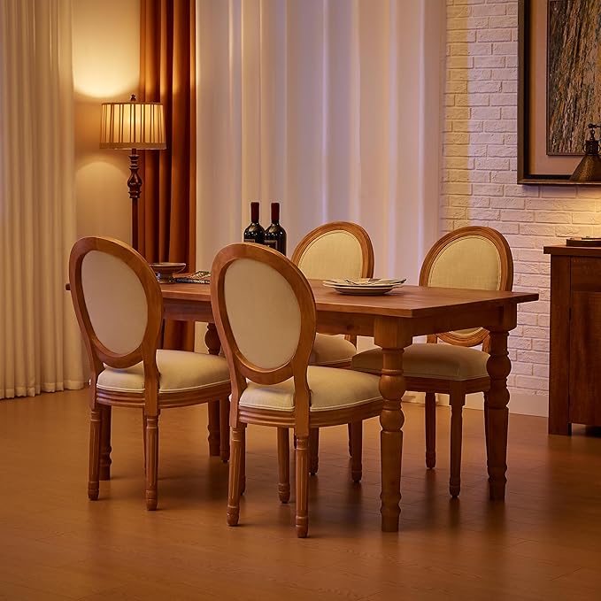 Nrizc French Country Dining Chairs Set of 4, Farmhouse Fabric Chairs with Round Back, Solid Wood Legs, Oval Side Chairs for Kitchen/Bedroom/Dining Room