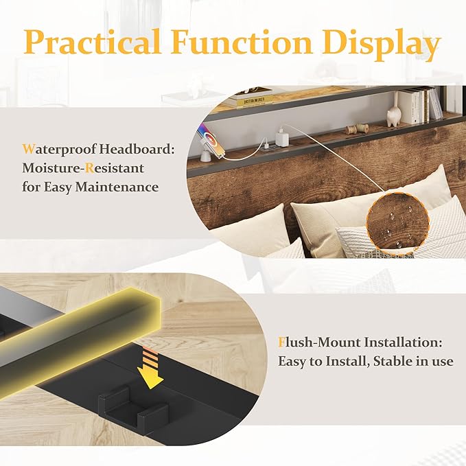 Lifezone King Bed Frame with 2-Tier Storage Headboard, Metal Platform Bed Frame with 4 Storage Drawers, Built in Charging Station & LED, Noise-Free/Metal Support/No Box Spring Needed, Vintage Brown