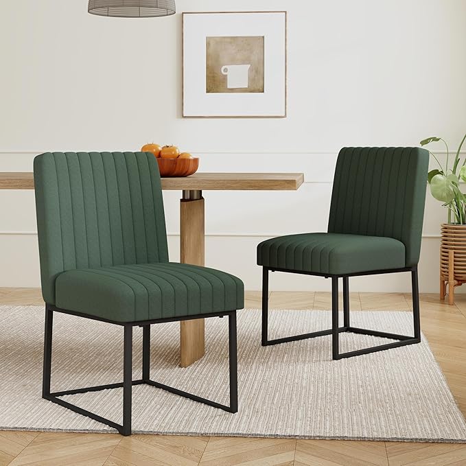 VKNOW Upholstered Dining Chairs Set of 6, Modern Dining Room Chairs with Stripe, Linen Kitchen Chair Dinner Chair with Black Metal Base for Kitchen Office, Green