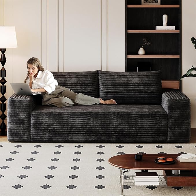 Cloud Loveseat Sofa, Modern Corduroy 2-Seater Couch with Deep Seat, No Assembly Required Memory Foam Sofa, Boneless Sofa in a Box for Bedroom, Apartment, Office,Small Space (Black,63in)