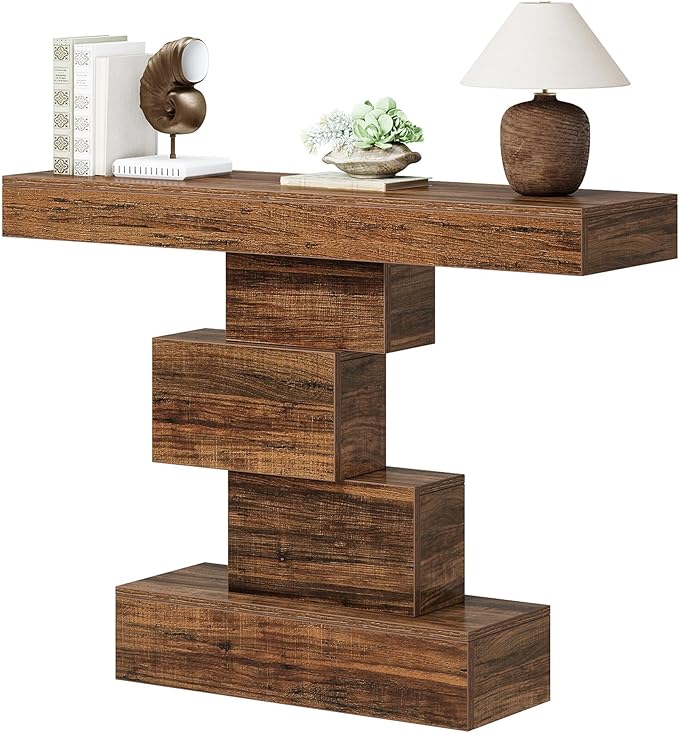 Tribesigns 42.5" Farmhouse Console Table, Narrow Wood Sofa Table Behind Couch with Geometric Base, Industrial Entryway Accent Table for Living Room, Hallway, Entrance (Rustic Brown)