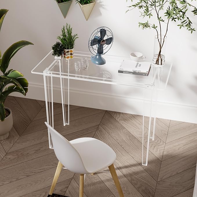 Acrylic Desk - Modern Study Table for Home Office, Extended Surface Multi-Purpose Console & Entryway Table, Sturdy Lightweight Design, Transparent Workstation for Small Spaces(Transparent-M)