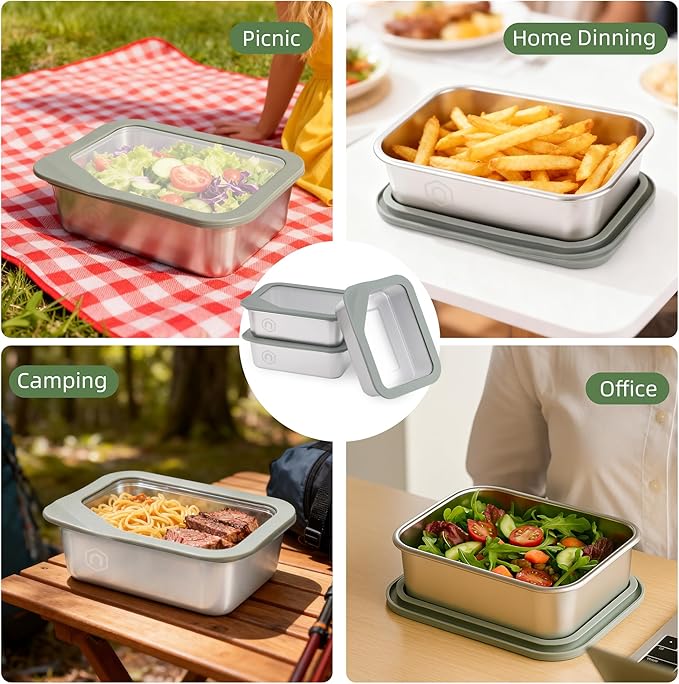 Meal Prep Containers, 3Pack 40oz/1200ml Glass Food Storage Containers with Leak Proof Airtight Lids, Stainless Steel Bento Lunch Boxes, Kitchen Storage for Oven, Freezer, Dishwasher (Set of B)