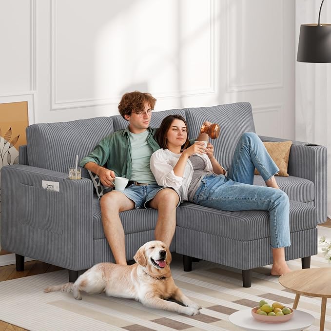 Upholstered Sectional Sofa and Couches, 78'' L Shaped 3-seat Sofa for Living Room, Apartment, Lounge,Bedroom-Washable Covers Convertible Sofas(Corduroy,Light Gary)