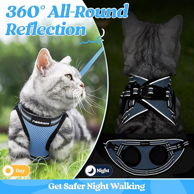 rabbitgoo Cat Harness and Leash Set for Walking Escape Proof, Adjustable Soft Kittens Vest with Reflective Strip for Cats, Comfortable Outdoor Vest, Light Blue, XL