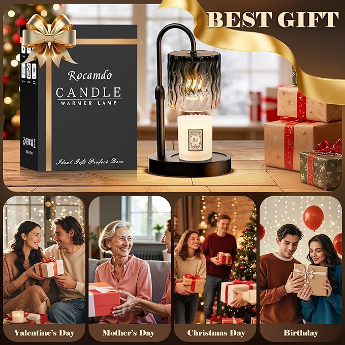 Candle Warmer Lamp with Timer, Dimmable Candle Lamp Warmer for Home Decor, Adjustable Height Wax Melt Warmer Lamp with 2 Bulbs Birthday Christmas Gifts for Women (Black)