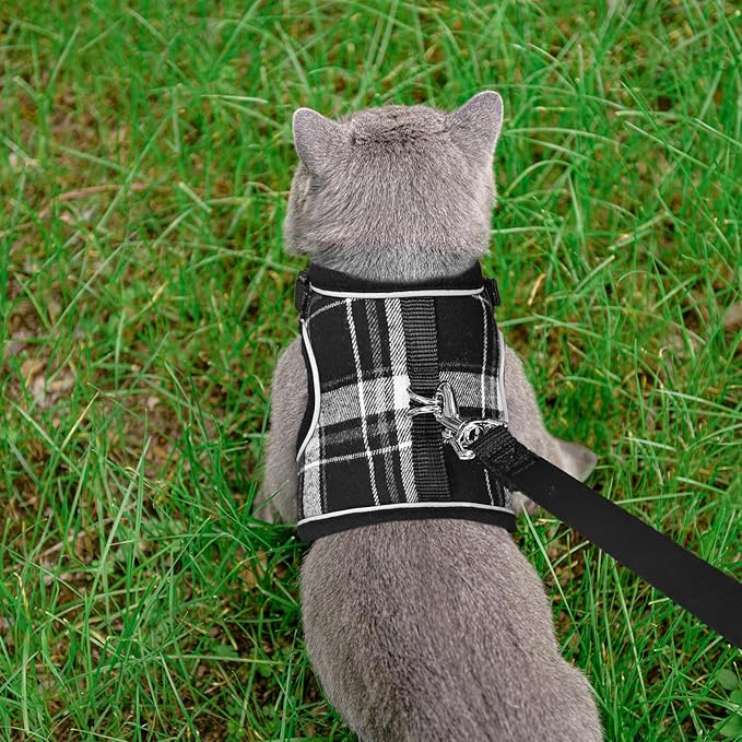 PUPTECK Soft Mesh Cat Vest Harness and Leash Set Puppy Padded Pet Harnesses Escape Proof for Cats Small Dogs Rabbits Bunny, Plaid Black, S