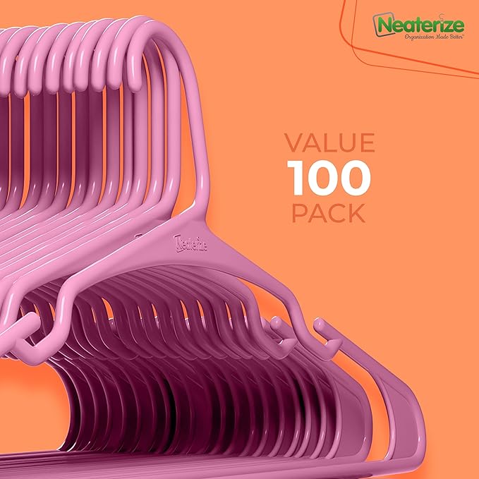 NEATERIZE Clothes Hangers Plastic 100 Pack for Adults - Plastic Hangers, The Perfect Coat Hanger and Space Saving Clothes Hangers for Closet, Percheros Ganchos para Colgar Ropa Hangars - Pink Hangers