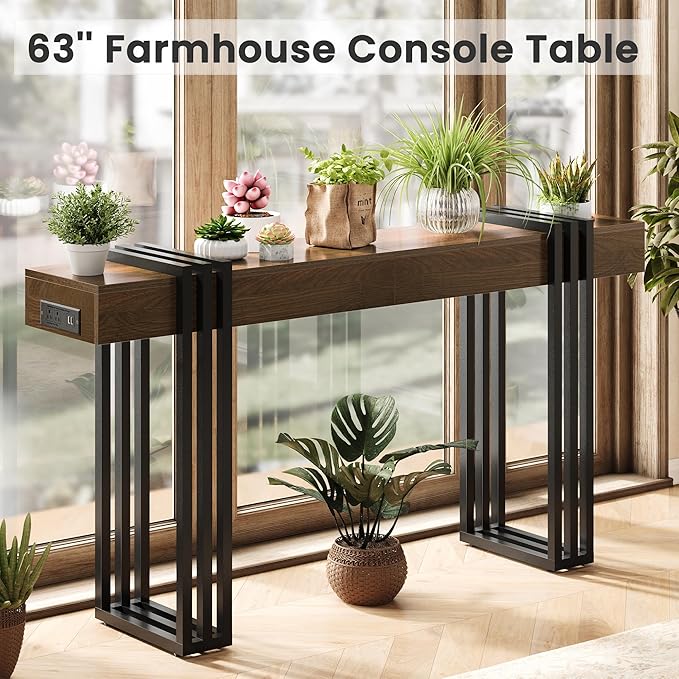 63" Long Console Table for Entryway - Behind Couch Table for Living Room, Wood Sofa Tables with Black Parallel Metal Frame & Power Outlet for Hallway, Entrance, Narrow Foyer, Walnut