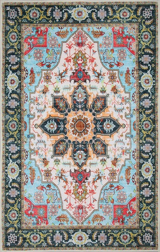 WILLSUN Washable Area Rugs, 2x6 Non-Slip Boho Area Rugs for Kitchen, Living Room, Bedroom, Machine Washable Vintage Rug, Indoor Floral Print Carpet for Home Decor, Kid & Pet Friendly Mat