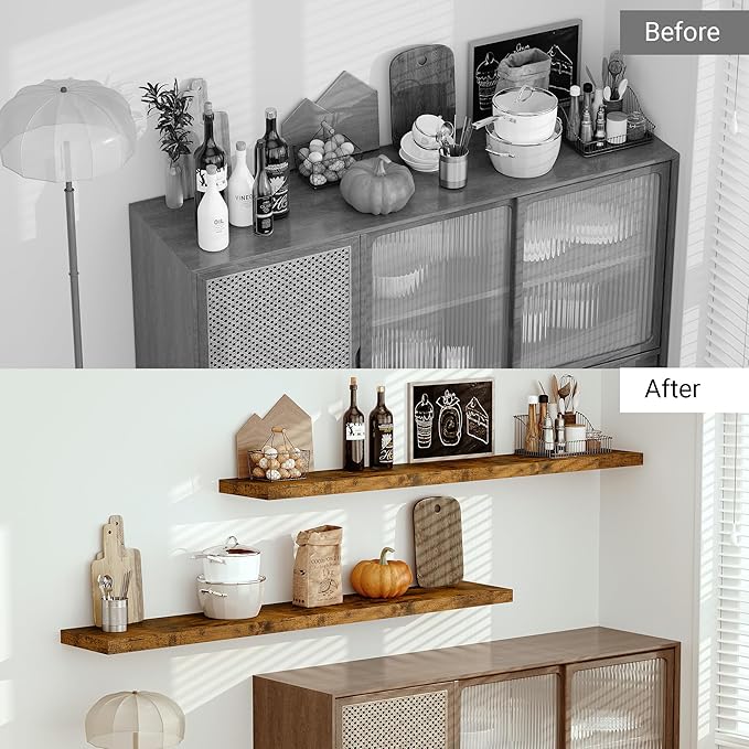 Vivelove 12 Inch Deep Floating Shelves 72 inch Long, 72 x 12 Wide Wall Shelves with Invisible Brackets, for Bedroom Bathroom Living Room Kitchen Office, Farmhouse Home Decor, Set of 1, Rustic Brown