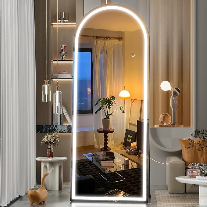 Hasipu 71" x 24" Led Mirror Full Length, Arch Mirror Full Length with Lights, Floor Full Body Glass with Stand,Tempered Glass,Shatter-Proof, Dimming & 3 Color for Bedroom Cloakroom-UL