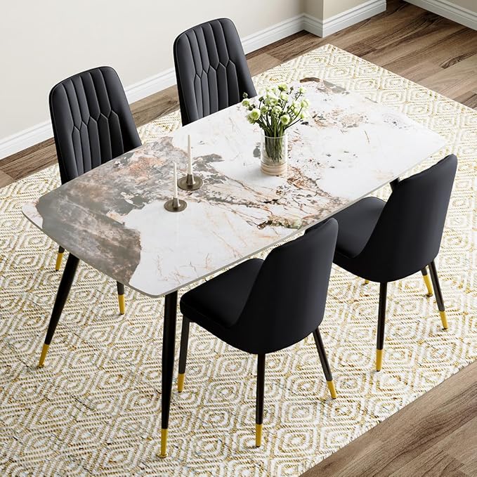 Modern Dining Table Set for 4, 62'' Sintered Stone Table, 4 Chairs, Easy to Assemble