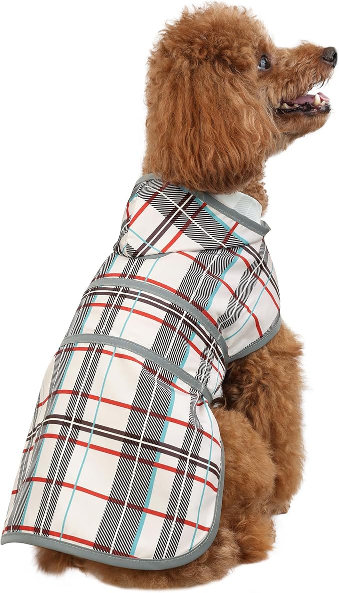 Dog Raincoat for Small Dogs Puppies Waterproof Hooded Rain Jacket with Reflective Strips Leash Hole & Poncho Adjustable Fit (Plaid,XS)