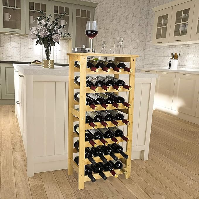 SMIBUY Bamboo Wine Rack, 28 Bottles Display Holder with Table Top, 7-Tier Free Standing Storage Shelves for Kitchen, Pantry, Cellar, Bar (Natural)