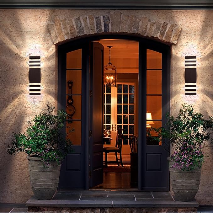 tewei 2 Pack Outdoor Wall Lights, Modern Exterior Light Fixture Wall Mount Brown Outdoor Lights for House, Waterproof Aluminum Up and Down Porch Lights Wall Sconces for Garage Patio, 3-Layer