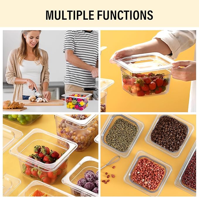 4 Pack Plastic Food Pans with Lids,1/6Size4 Inch Stackable Restaurant Clear Food Storage Containers,Polycarbonate Commercial Hotel Pans for Fruits Vegetables Beans Corns(4Pack 4" Deep)