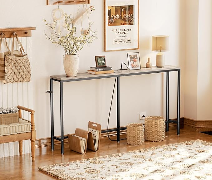 SUPERJARE Console Table with Outlet, 63 Inch Sofa Table with Charging Station, Narrow Hallway Entryway Table, Behind Couch Table, for Living Room, Oak