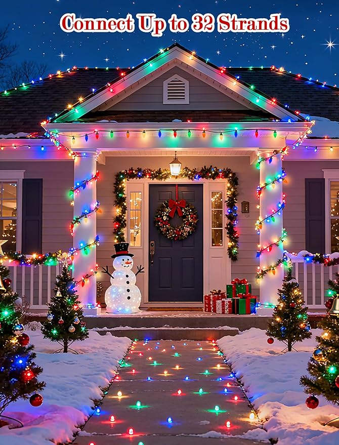 C7 LED Christmas String Lights,26FT Outdoor Christmas Lights with 50 LED Xmas Colorful Warm White Bulbs,Vintage Xmas Lights Outdoor Decorate Tree/Garden/Party/Room