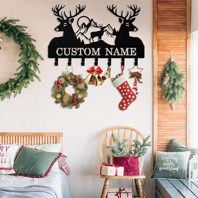 Personalized Deer Key Holder Wall Mount, Custom Metal Keys Hanger for Wall with Name, Custom Key Rack Holder with Hooks for Entryway, Front Door, Hallway, Living Room, Kitchen
