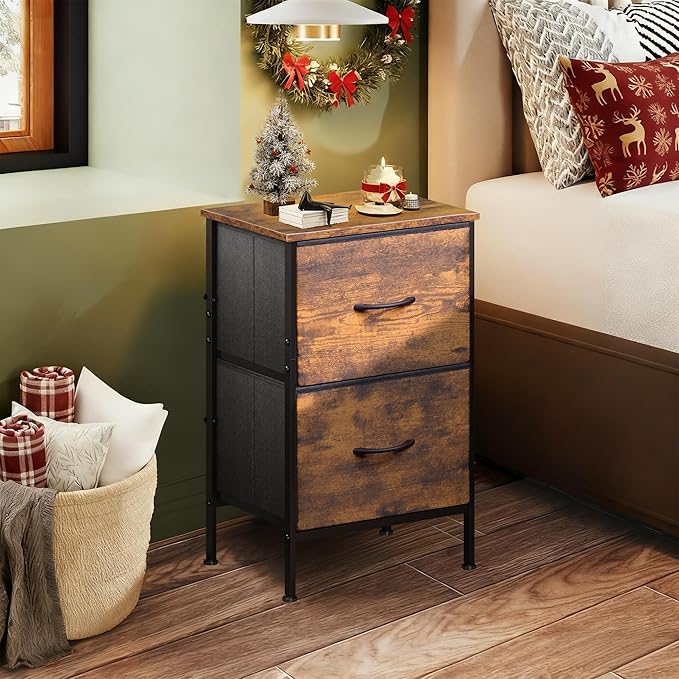 WLIVE Night Stand, Small Dresser with 2 Drawers & Wooden Top, Nightstand with Fabric Bins, Bedside Table End Table for Bedroom, Closet, Entryway, College Dorm, Rustic Brown