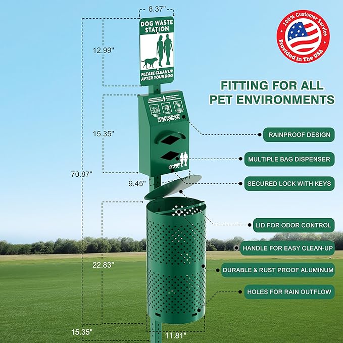 Aluminum Rustproof Dog Waste Disposal Station for Pet Parks – 10 Gallon Outdoor Pet Poop Station with Reflective Sign & Lid – Durable Trash Bin for Backyard Dog Waste