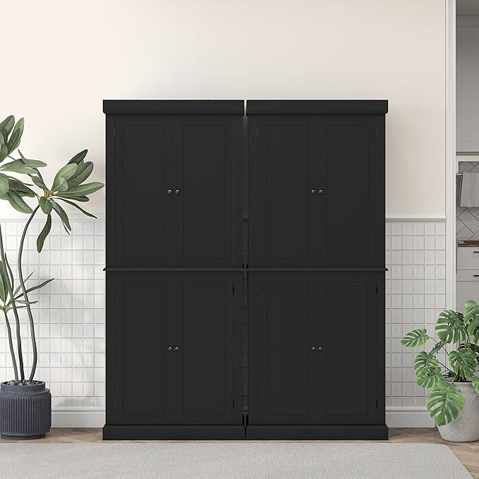 HOMCOM 72.5" Freestanding Kitchen Pantry Cabinet, Tall Storage Cabinet with 4 Doors and 2 Adjustable Shelves for Dining Room, Black