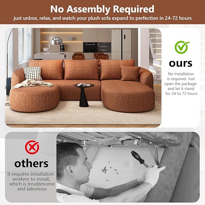 111" Modular Sectional Couches Luxury Modern Curved Back U-Shape Sofa Set with Ottoman,Minimalist Comfy Boneless Cloud Couch for Living Room Apartment,(Right Facing Chaise,Orange)