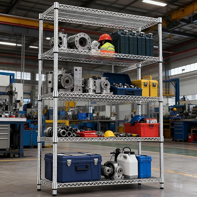 5 Tiers Shelf Metal Storage Shelves 3300 lbs Steel Storage Shelving Utility Shelving Unit Steel Organizer Wire Rack for Home,Kitchen,Office,Garage Chrome 17.7" D x 47.2" W x 70.3" H