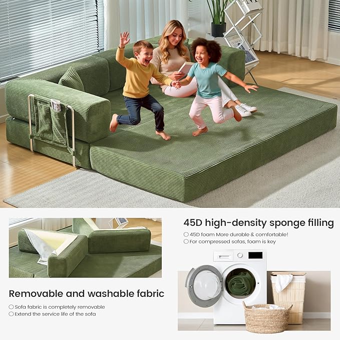 Folding Sofa Bed Convertable Corduroy Couch King Size Floor Sleeper 4-in-1 DIY Combination Modular Sofa Fold Out Futon Lounge Comfy Foldable Lazy cama for Living Room (Green, 70.86")