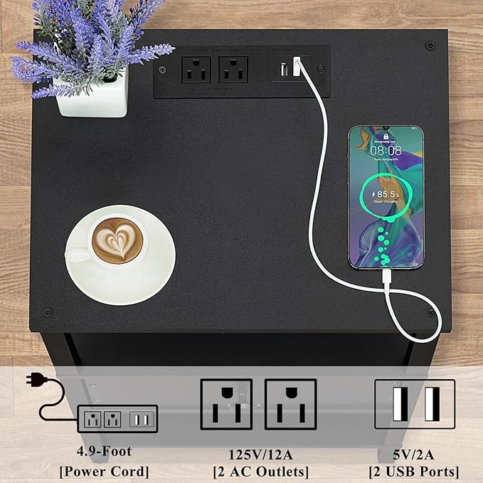 Lerliuo Nightstand with Charging Station and USB Ports, 3-Tier Storage End Table with Drawer Shelf, Night Stand for Small Spaces, Wood Bed Side Table for Living Room, Bedroom - Classic Black