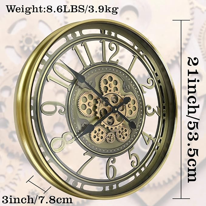 Real Moving Gears Wall Clock Large Modern Metal Clocks for Living Room Decor, Industrial Steampunk Unique Vintage Rustic Decorative Clock for Home Farmhouse Office, 21 Inch,Bronze Gold Arabic