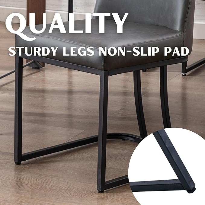 Charcoal PU Leather Dining Chairs Set of 6 Mid Century Modern Comfortable Dining Room Chair with Curved Backrest, Upholstered Kitchen Side Chairs with Black Metal Legs