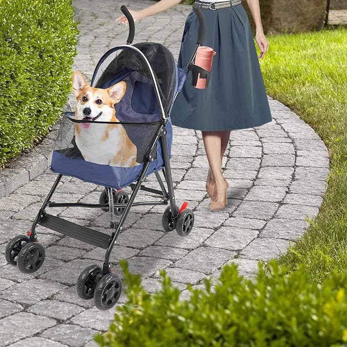 Pet Travel Stroller 22 * 18 * 38in, Pet Stroller Made of Oxford Cloth, Spray Molding Foldable, Small Dog Strollers Cat Cage Jogger Travel Carrier Breathable and Visible 22 Lbs Capacity(Blue)