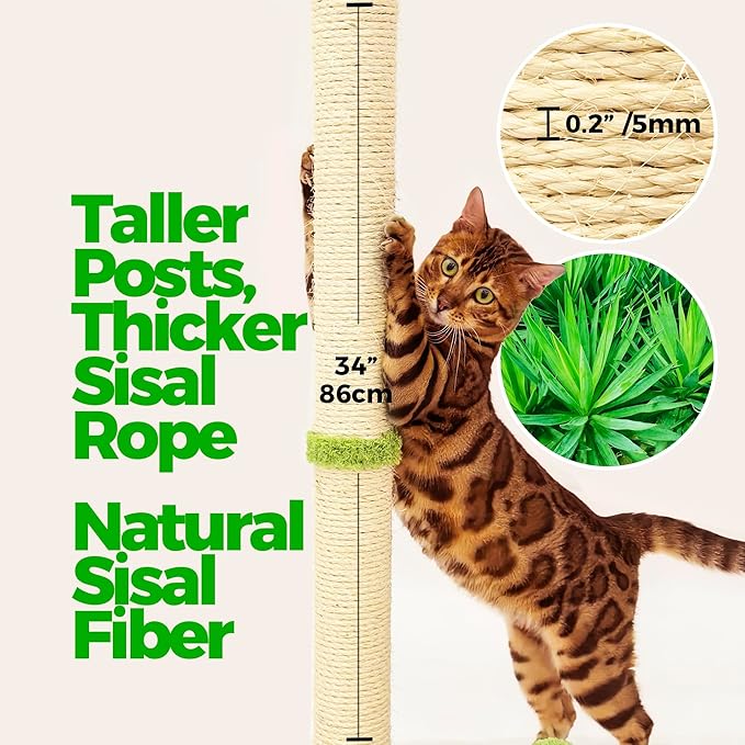 TINYBEAST 34" Tall Cat Scratching Post, Cat Scratcher Featuring Natural Sisal Rope, Cat Tree with Interactive Plush Toy Ball and Stable Base for Indoor Large Adult Cats & Kittens(Grey)