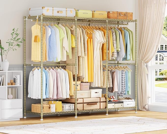 E14 Heavy Duty Clothes Rack,Freestanding Clothing Racks for Hanging Clothes,Adjustable Closet Organizers and Storage,Metal Garment Rack with Shelves 69" W x16 D x77 H,Max Load 960LBS,Gold