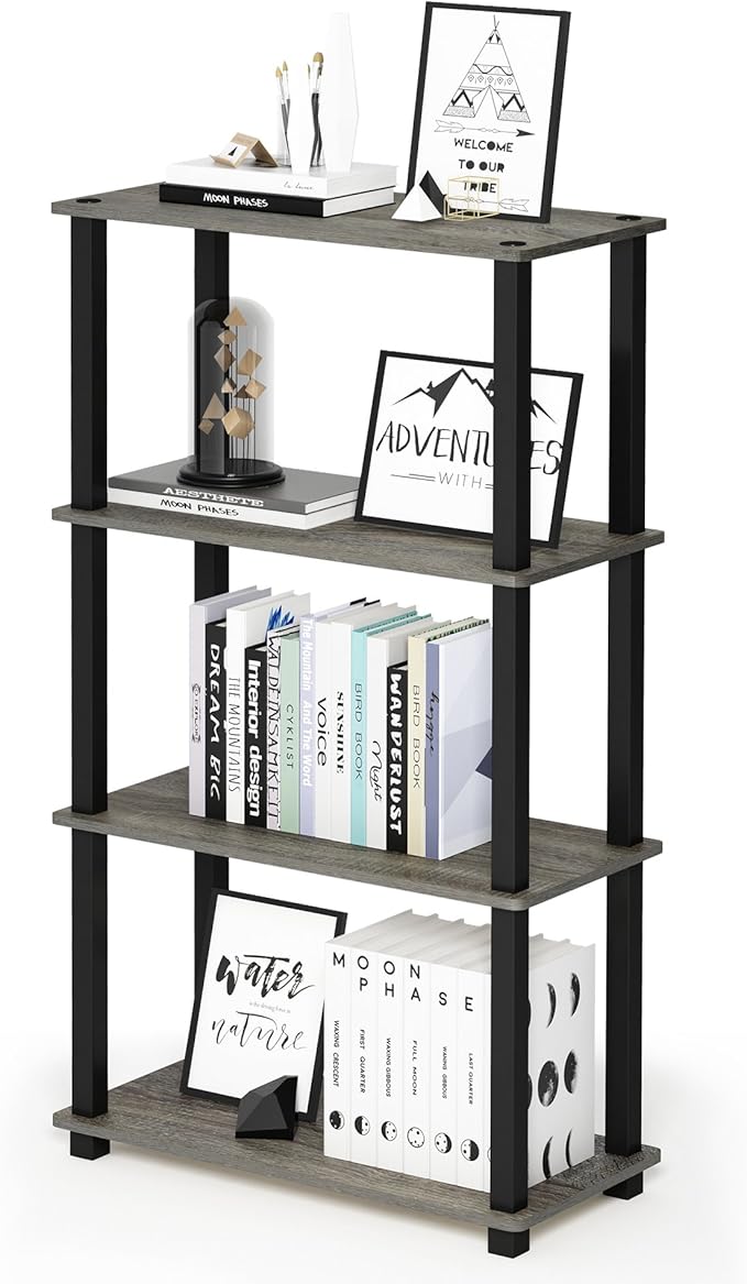 Furinno Turn-N-Tube 4-Tier Multipurpose Shelf Display Rack, Square Tube, French Oak Grey/Black