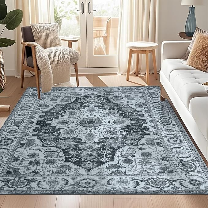 WILLSUN Washable Area Rugs, 5x7 Non-Slip Boho Large Area Rugs for Living Room, Bedroom, Machine Washable Vintage Rug, Indoor Floral Print Carpet for Home Decor, Kid & Pet Friendly Mat