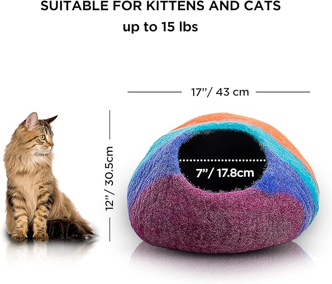 Woolygon Premium Felt Cat Cave Bed β Wool Kitty Beds Handcrafted Kitten Caves Bed for Indoor Cats - Made from 100% Eco-Friendly Merino Wool, Foldable Cat Hidewawy Covered Cat House Pod (Rainbow Twist)