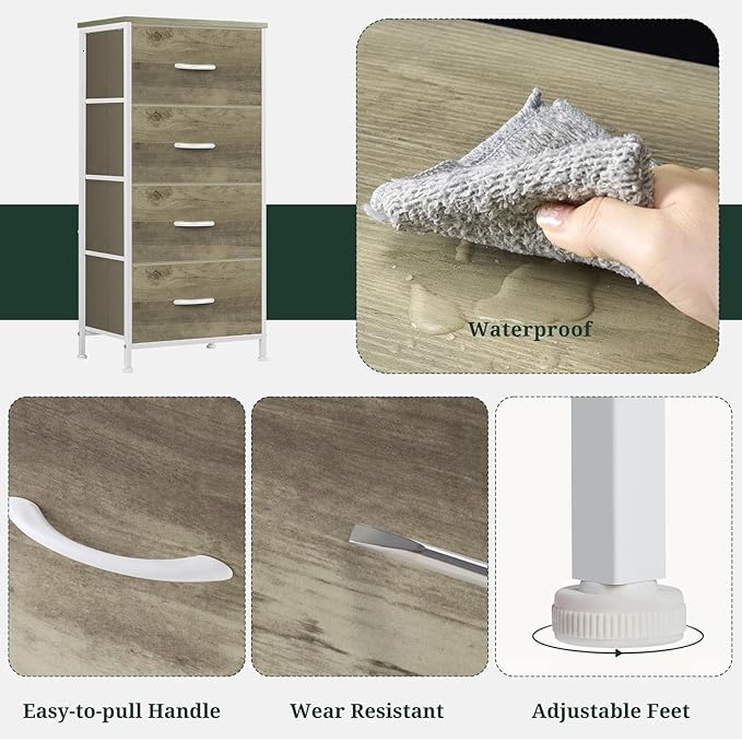 Nightstand, 4 Drawer Dresser End Table Bedside Furniture with Wooden Top Steel Frame Fabric Bins for Bedroom, Closet, Entryway, Dorm, Living Room, Greige Oak