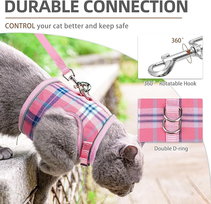 PUPTECK Soft Mesh Cat Vest Harness and Leash Set Puppy Padded Pet Harnesses Escape Proof for Cats Small Dogs Rabbits Bunny, Plaid Pink, L