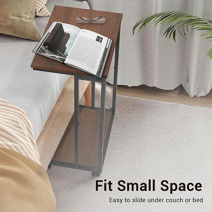 C-Shaped End Table for Couch, Slide Under Sofa Snack Table, Small TV Tray, C Table with Wheels, Laptop Desk for Living Room, Bedroom, Small Spaces,Brown