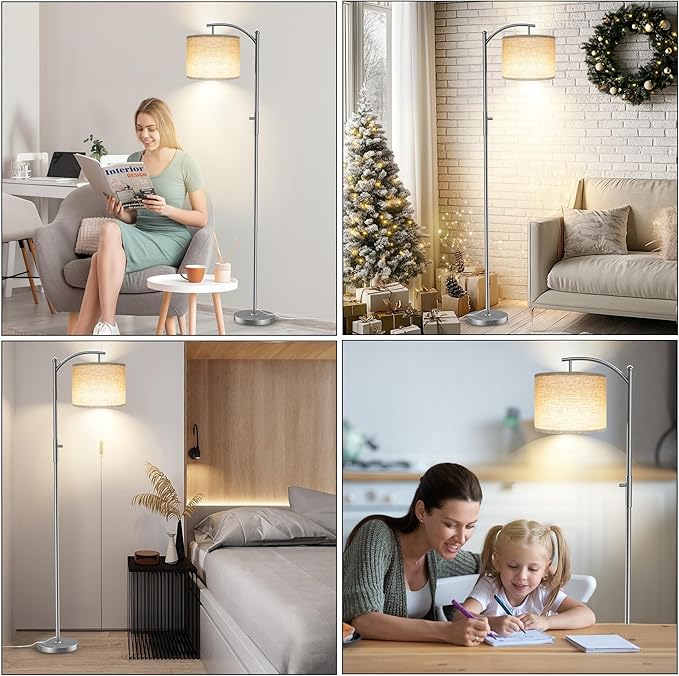 Dimmable Floor Lamp, Arc Floor Lamps for Living Room, Stepless Dimming Modern Standing Lamp with Linen Shade, Tall Lamp for Bedroom Office Dining Room- Silver
